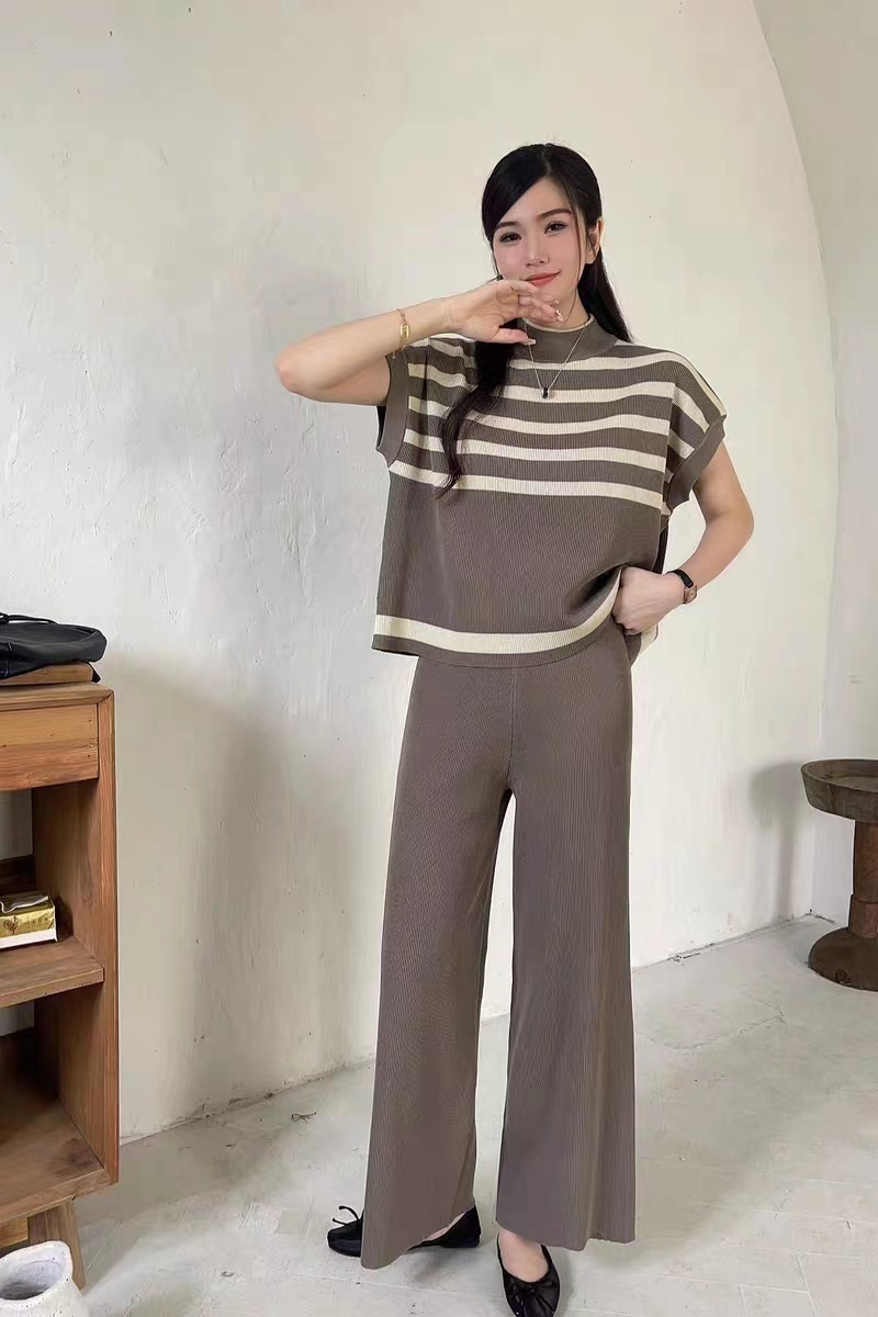 パンツセットアップ ボーダーニット ワイドパンツセットアップ