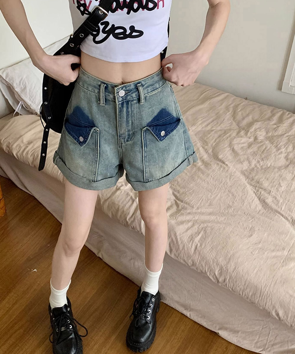 パンツセットアップ 裾ロールアップ デニムショート パンツ 美脚
