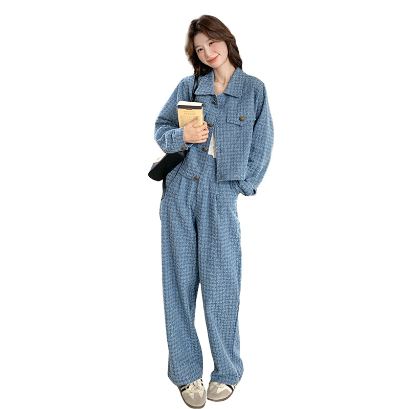 パンツセットアップ ツイード調ジャケットワイドパンツセット