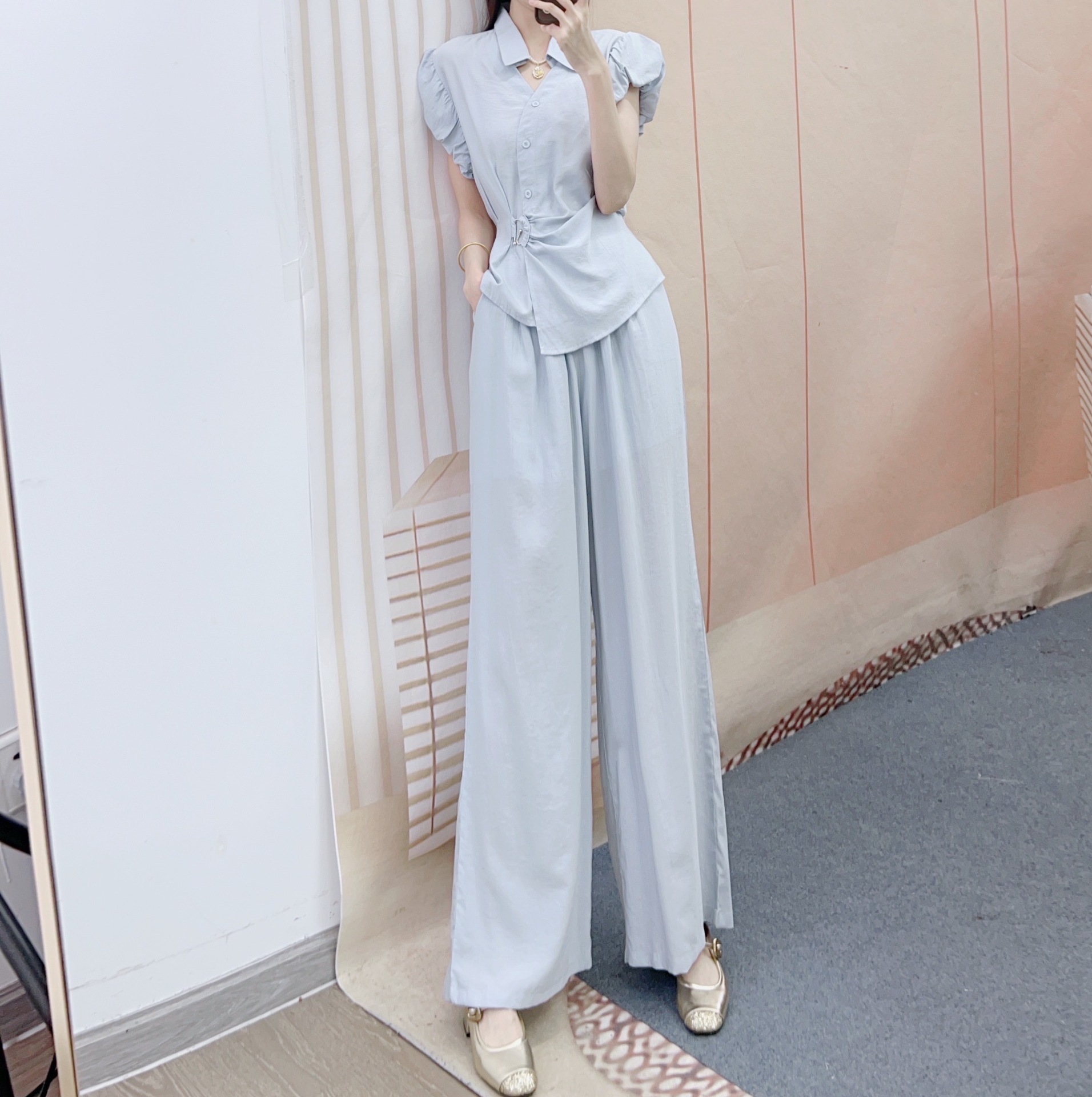 パンツセットアップ 袖フリル細ベルト付きワイドパンツセット