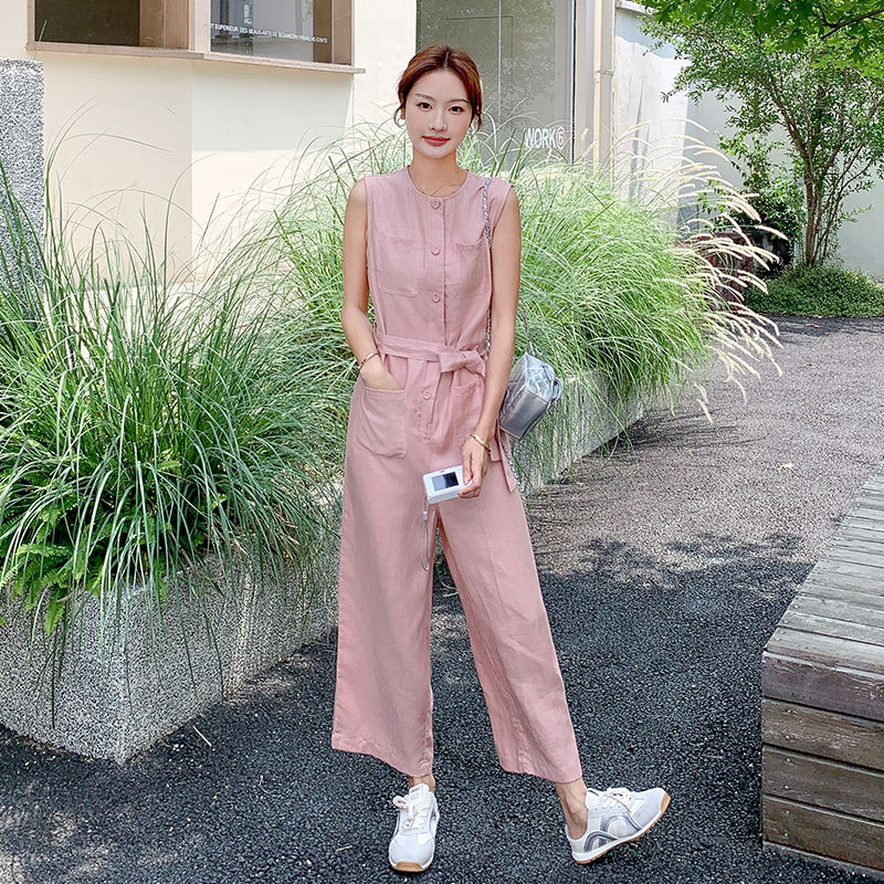 パンツセットアップ リネン風ノースリーブワイドパンツセット
