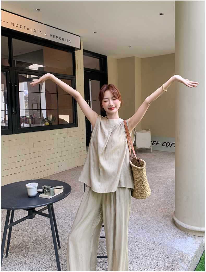 パンツセットアップ リネン風ノースリーブワイドパンツセット