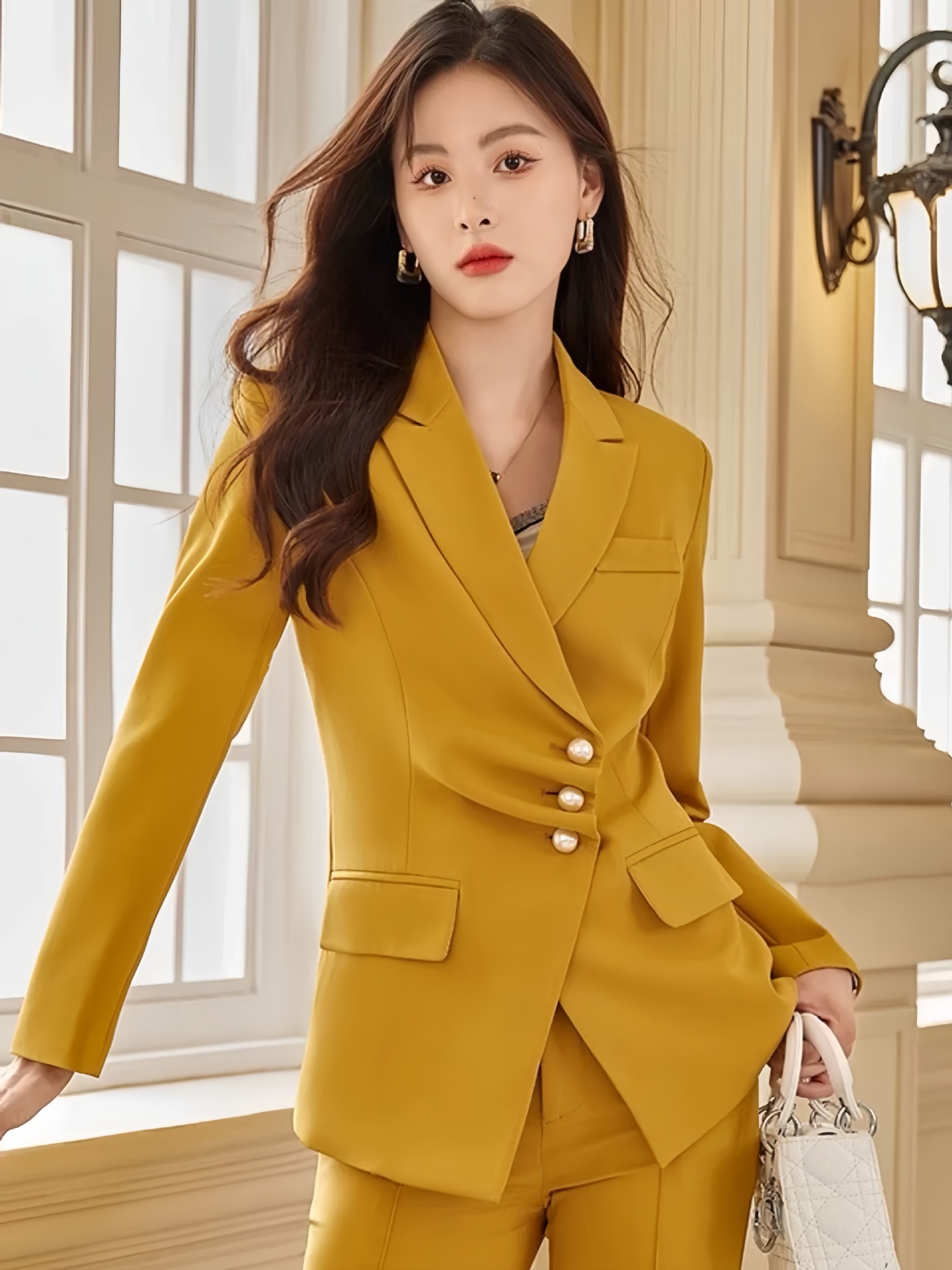 パンツセットアップ パールボタン付きダブルジャケットパンツセットアップ