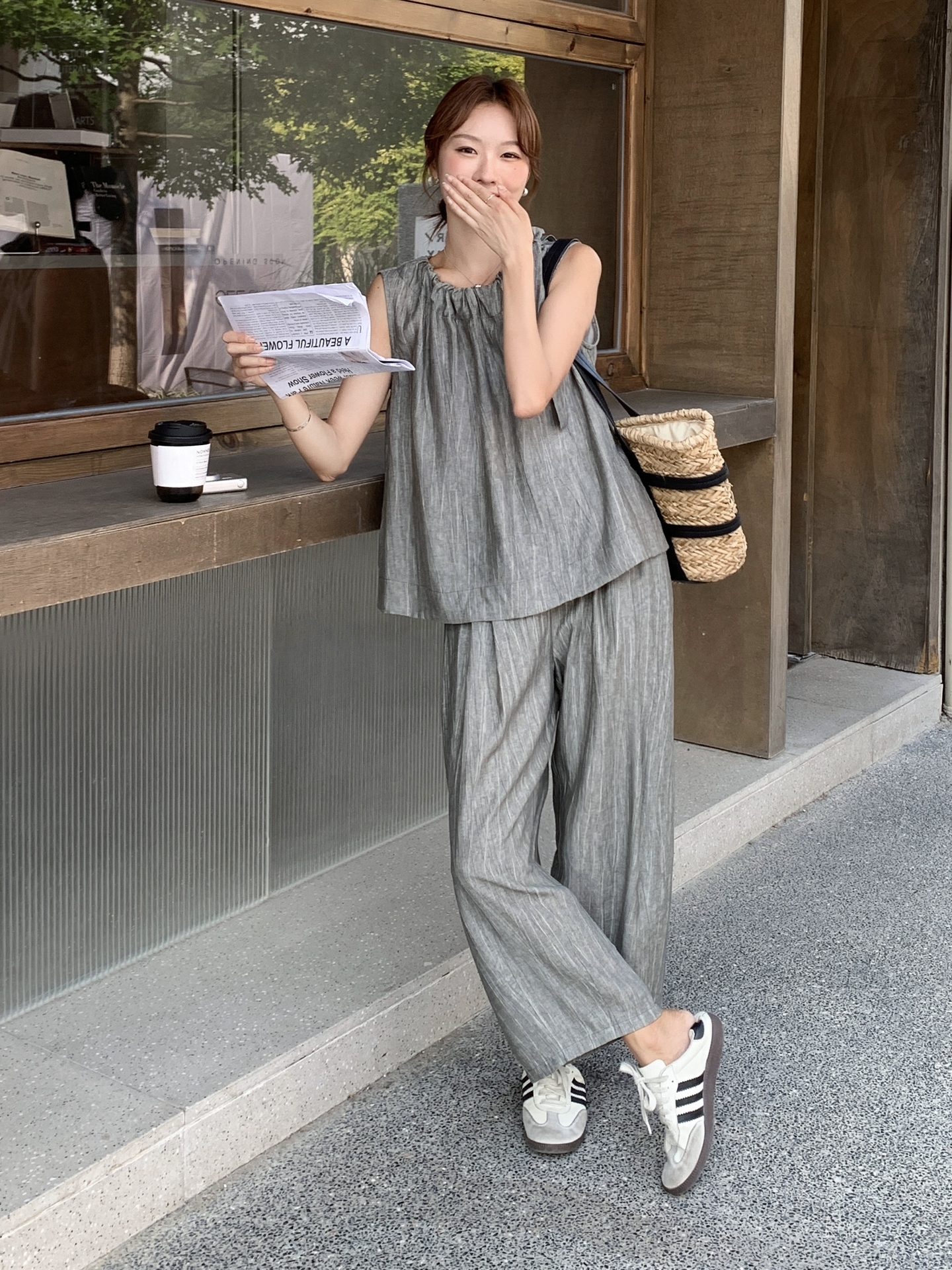 パンツセットアップ シャーリング襟 ゆったりパンツセット