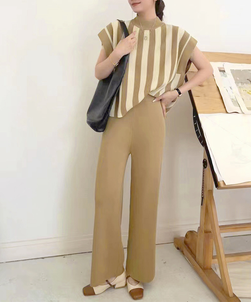 縦縞ニットワイドパンツセットアップ 春夏秋