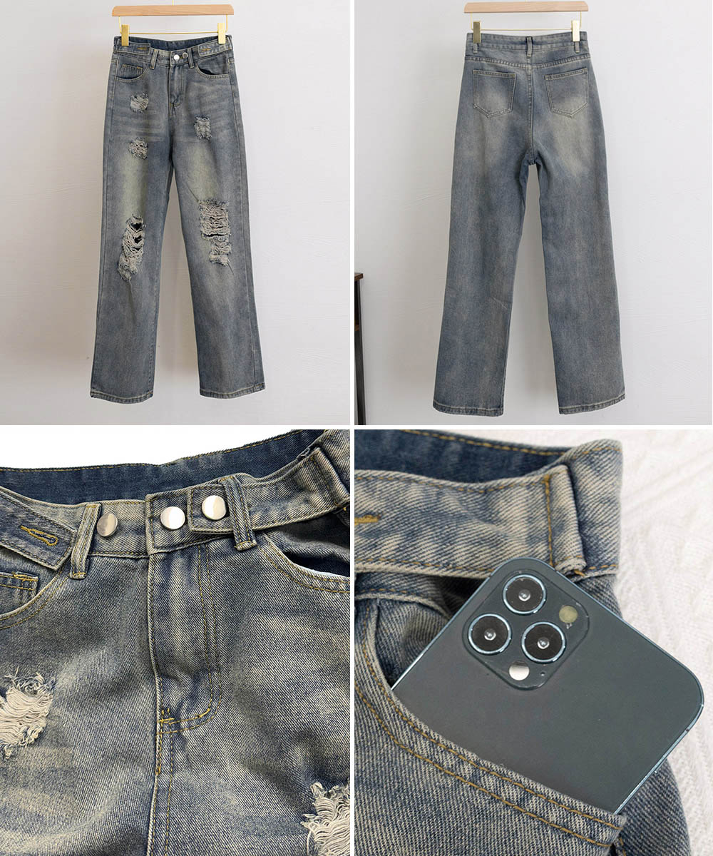 パンツセットアップ ワイドダメージデニムパンツ クラッシュ加工