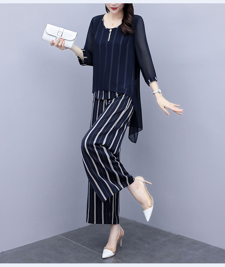 パンツセットアップ 優美シフォン重ね着風ストライプセット