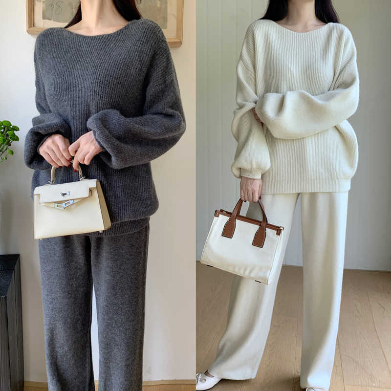 パンツセットアップ 上品ニットトップス×ワイドパンツセット