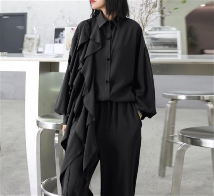 パンツセットアップ 上品復古風長袖ブラウスワイドパンツ女性用2点組