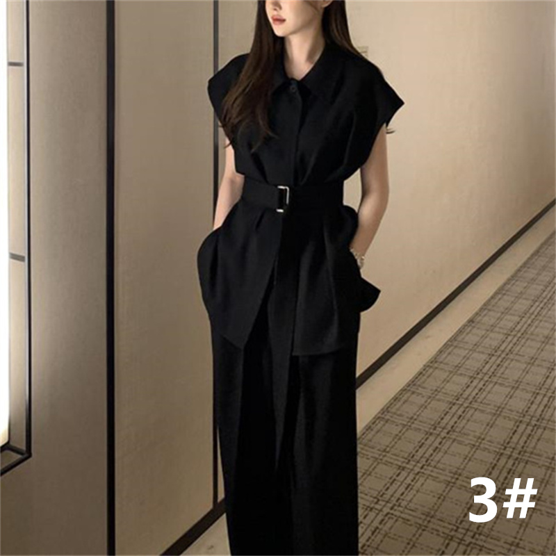 パンツセットアップ 夏用スーツ二点組み半袖上着ワイドパンツ女性用着回し服