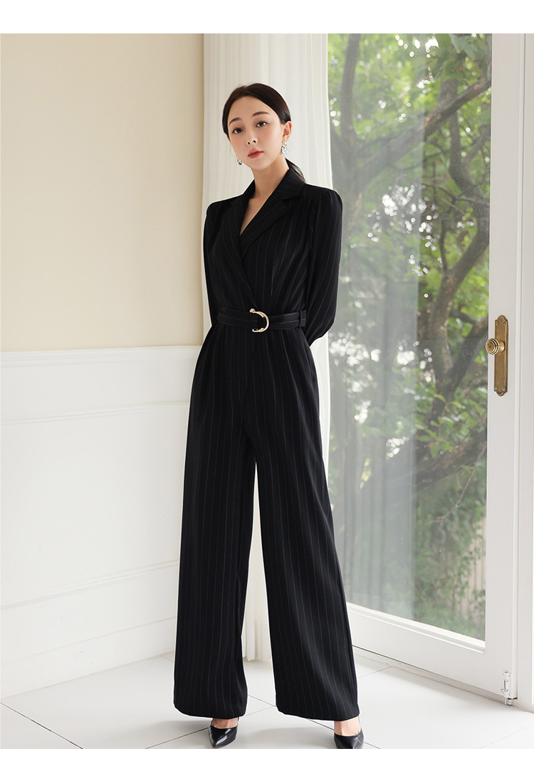 パンツセットアップ 上品ピンストライプ柄ベルト付きテーラードジャケット