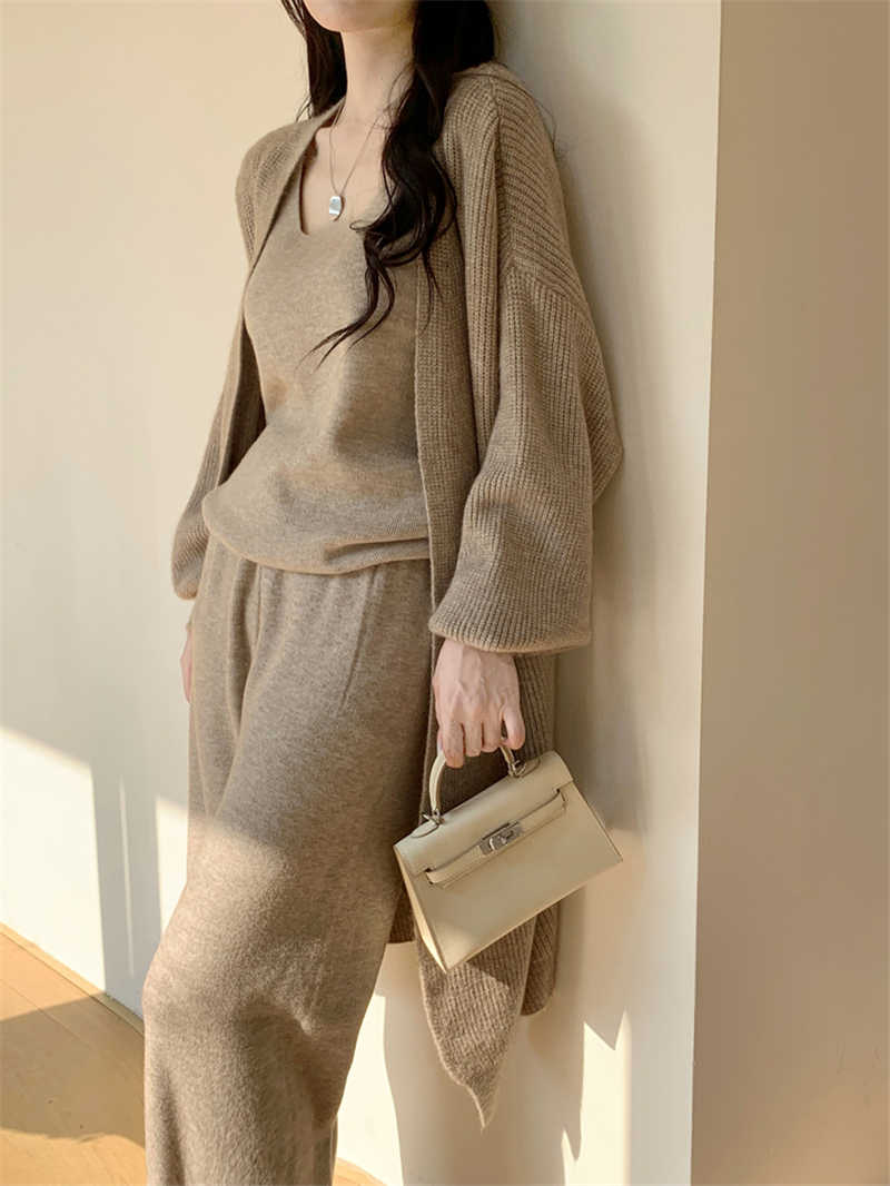 パンツセットアップ 秋冬新作 ニットカーディガン ワイドパンツ 三点セット
