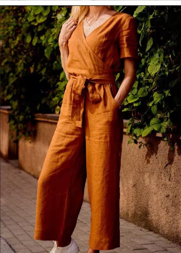 パンツセットアップ カシュクール半袖トップスとワイドパンツセットアップ