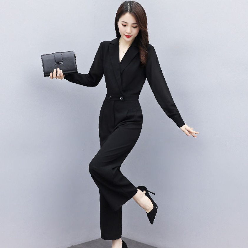 パンツセットアップ 二重ボタンテーラード襟長袖つなぎ風パンツスーツ