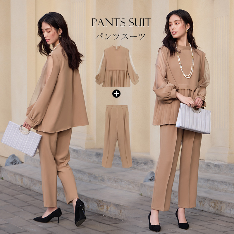 パンツセットアップ 透け感シフォン プリーツ切替セットアップ