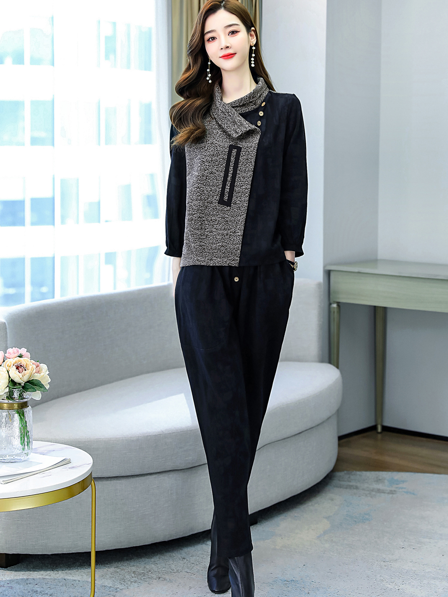 パンツセットアップ 異素材切替えツイード風デザインジャケット&パンツセットアップ