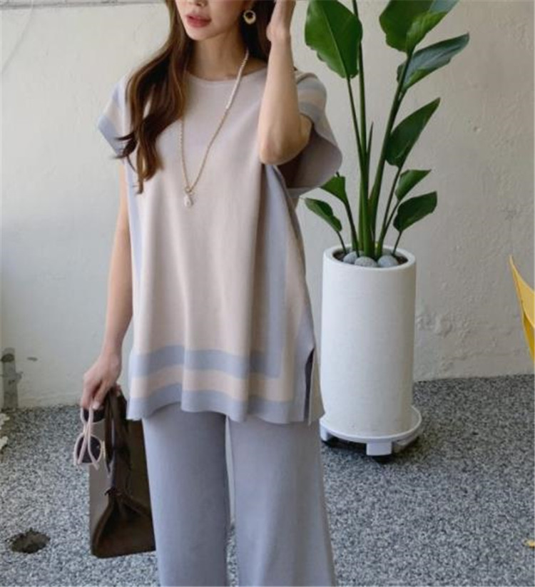 パンツセットアップ 韓国風ボーダー編みニットベスト×ワイドパンツ上下セット