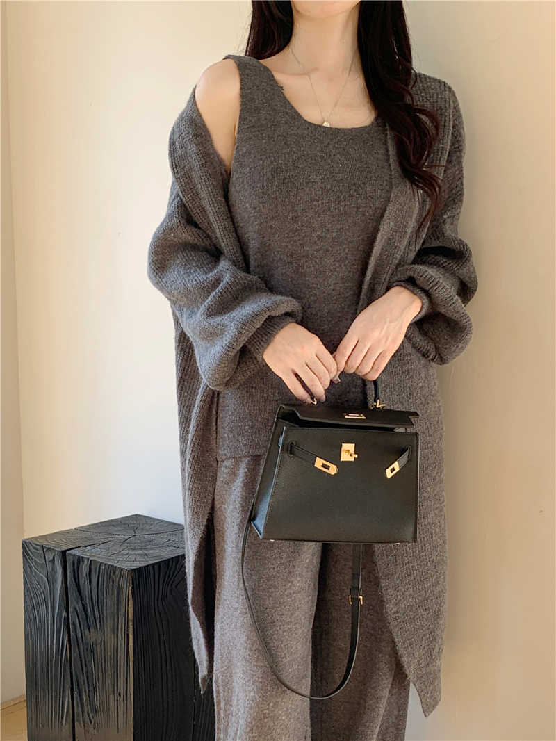 パンツセットアップ 秋冬新作 ニットカーディガン ワイドパンツ 三点セット