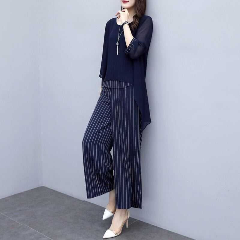 パンツセットアップ シフォン重ね着風ストライプワイドパンツセット