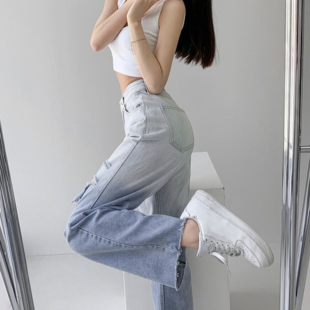 パンツセットアップ ハイウエストダメージワイドデニムパンツ