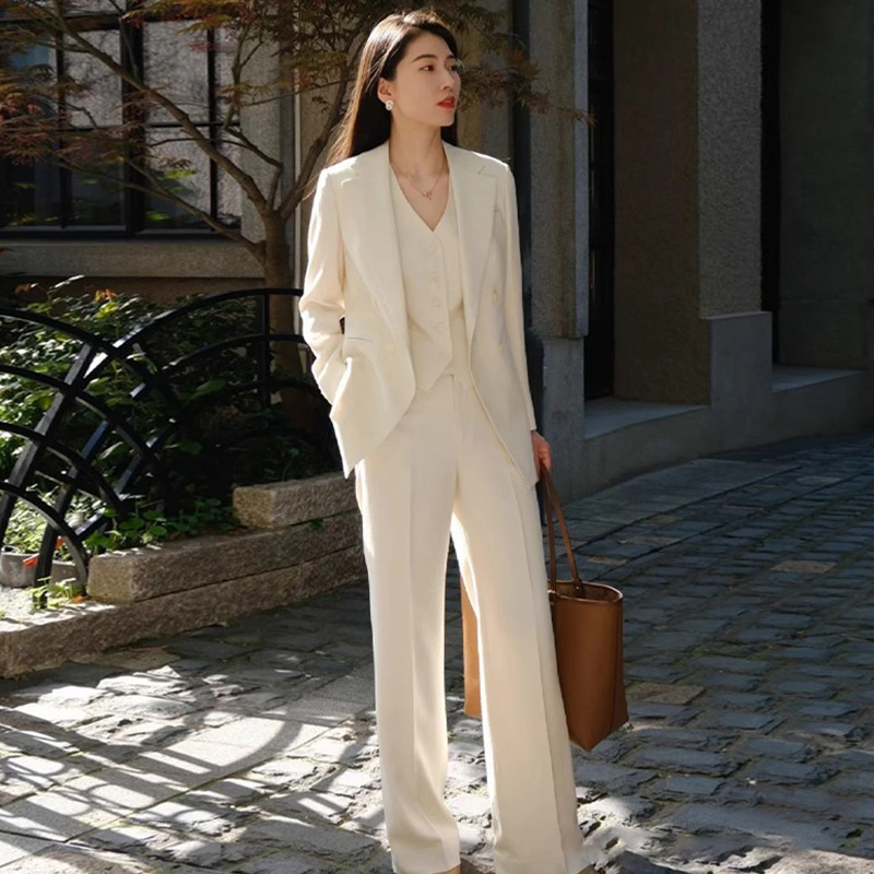 パンツセットアップ 三点セット襟なしジャケット付きベスト付きパンツスーツ
