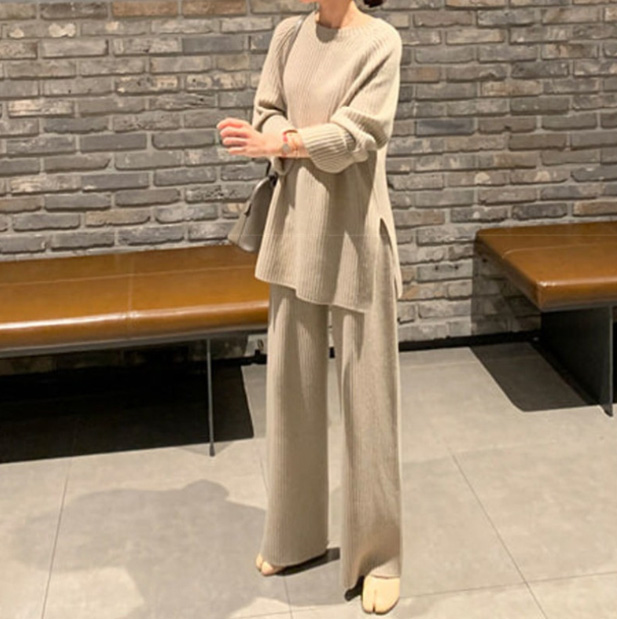 パンツセットアップ ニット上下セット ワイドパンツ レディース 体型カバー 秋冬