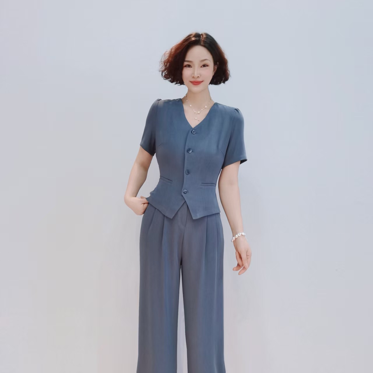 パンツセットアップ 上品半袖ベストワイドパンツセット