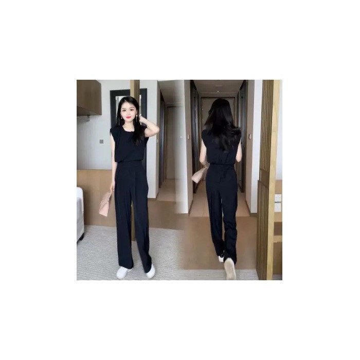 パンツセットアップ 上品シルエット ノースリーブワイドパンツセット