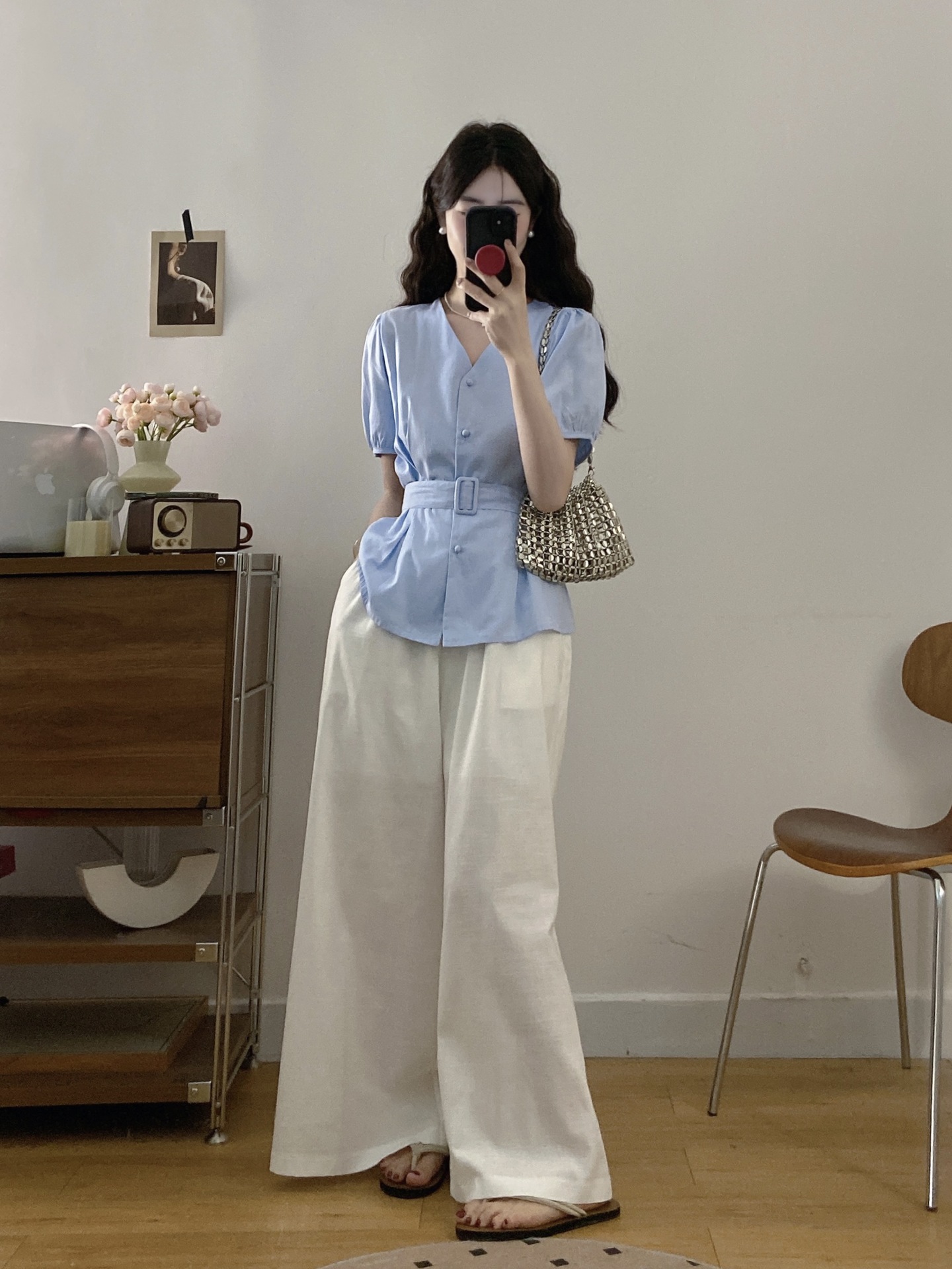 パンツセットアップ ベルト付きペプラムブラウスとワイドパンツセット