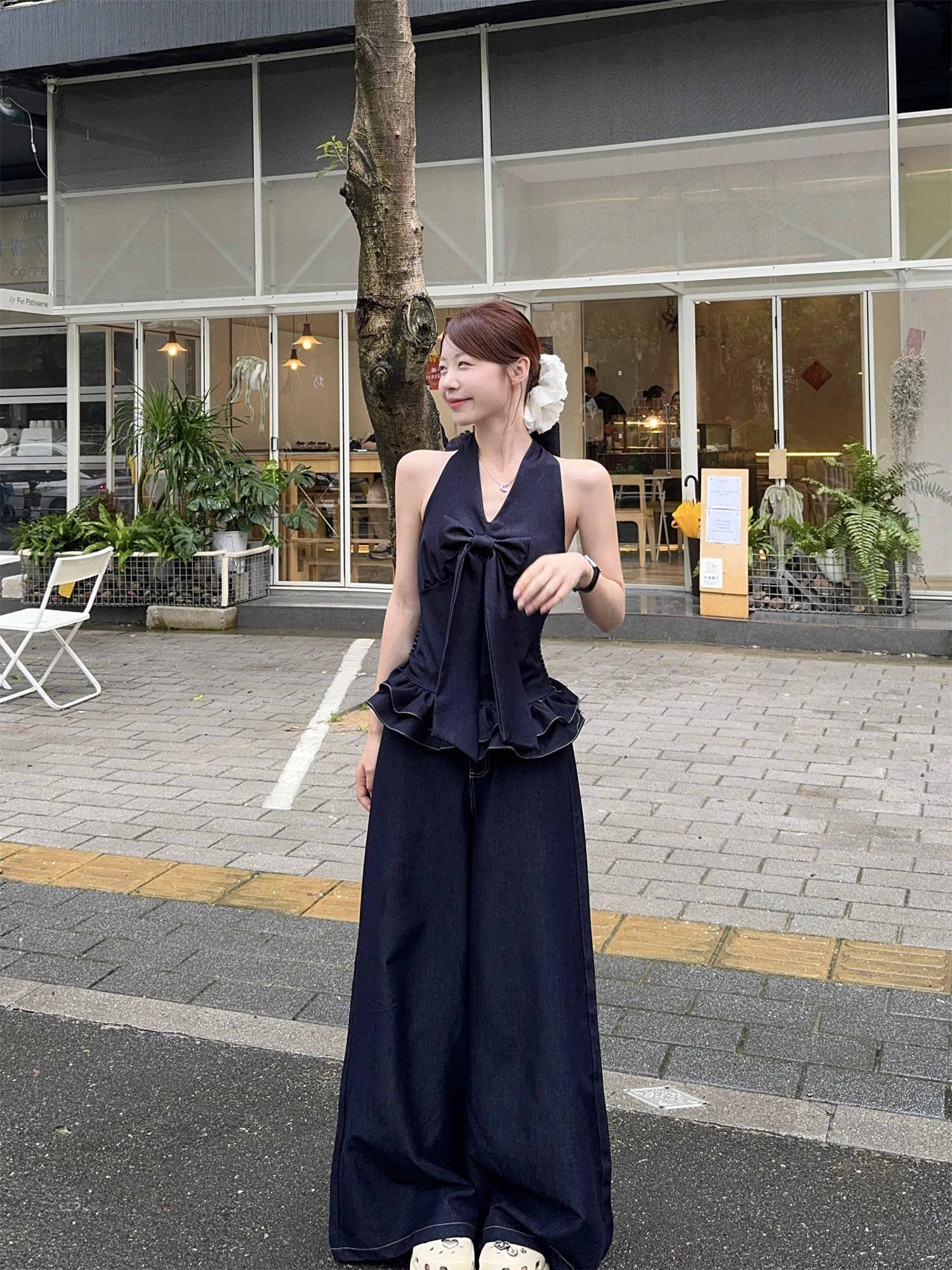 パンツセットアップ 今季注目のデニムベスト×ワイドパンツセット