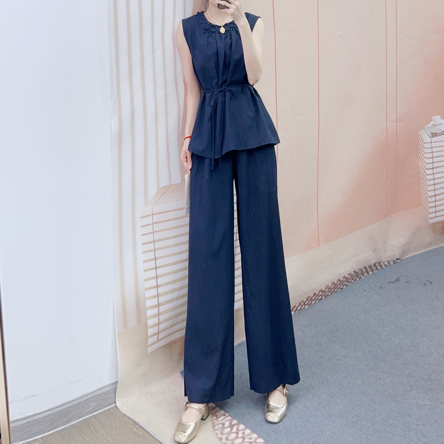 パンツセットアップ 絹風リングネックワイドセットアップ
