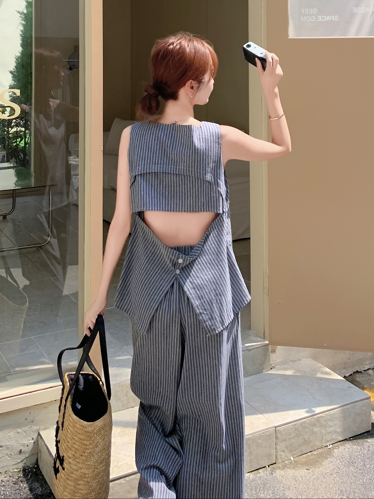 パンツセットアップ バックオープンストライプセットアップ