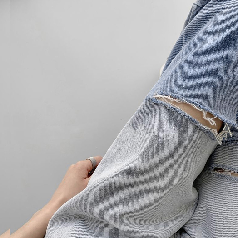 パンツセットアップ ハイウエストダメージワイドデニムパンツ