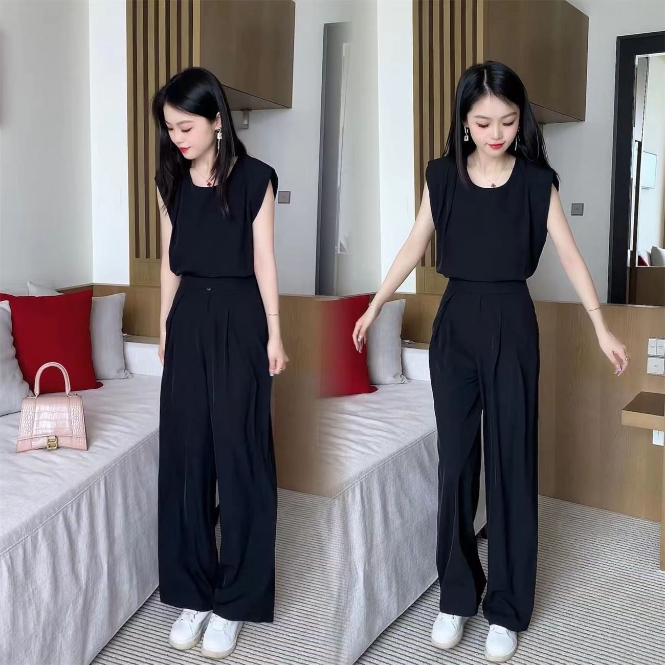パンツセットアップ ノースリーブ リボンベルト ワイドパンツ