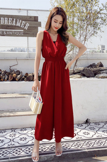 パンツセットアップ 上品ワイドパンツサロペット背中リボンブイネック