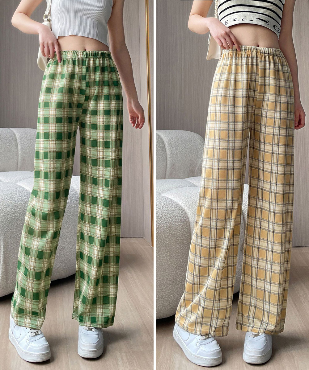 パンツセットアップ チェック柄裏起毛ワイドパンツ防寒暖かボア