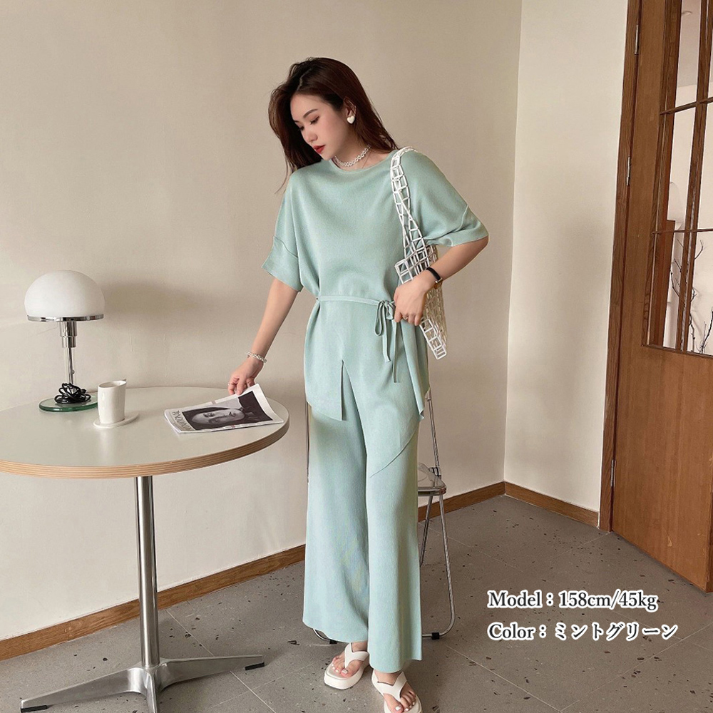 パンツセットアップ 冷感サマーニット ワイドパンツ セットアップ
