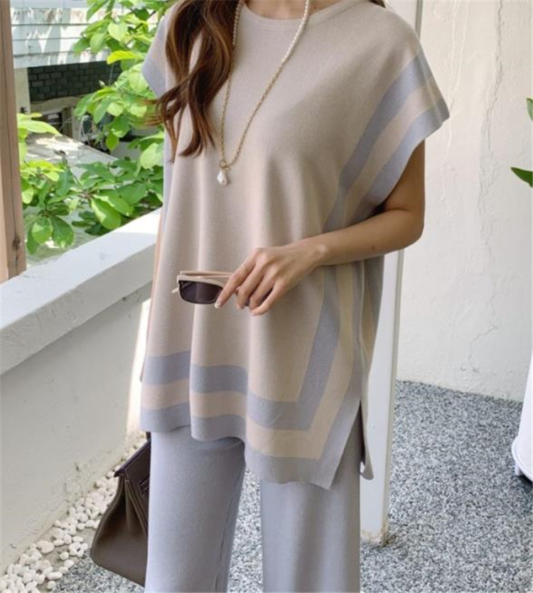 パンツセットアップ 韓国風ボーダー編みニットベスト×ワイドパンツ上下セット