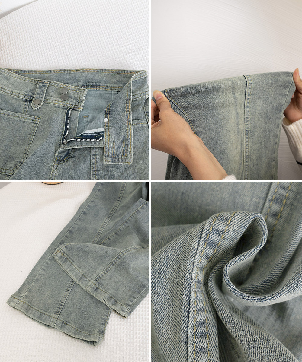 パンツセットアップ ワイドフレアデニムパンツ 古着風加工