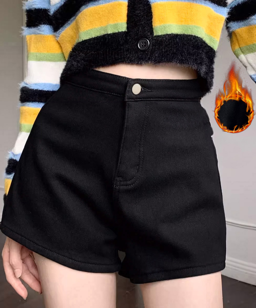 パンツセットアップ 裏起毛デニムショートパンツ レディース暖か美脚