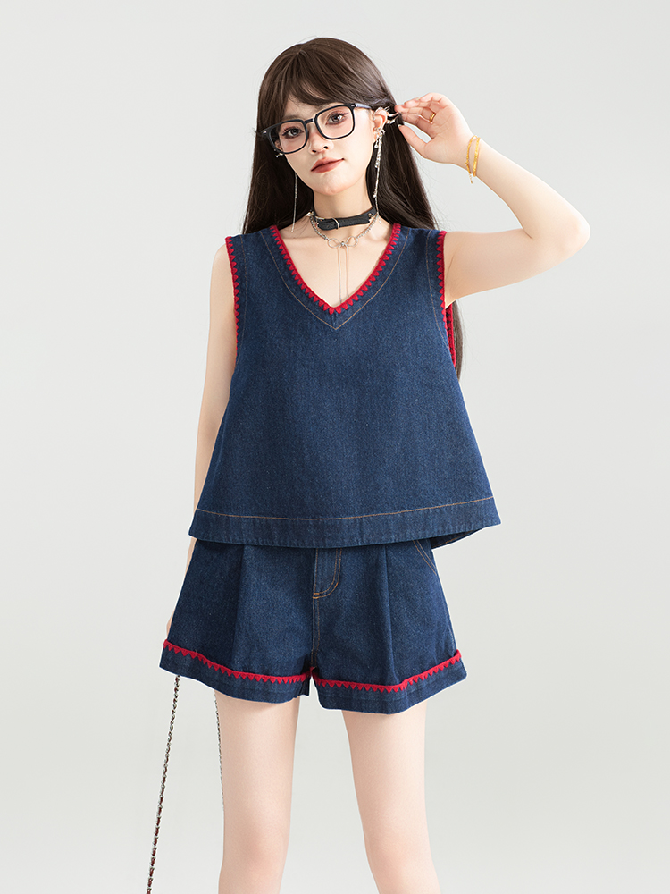 パンツセットアップ ショート リボン付きデニムセットアップ