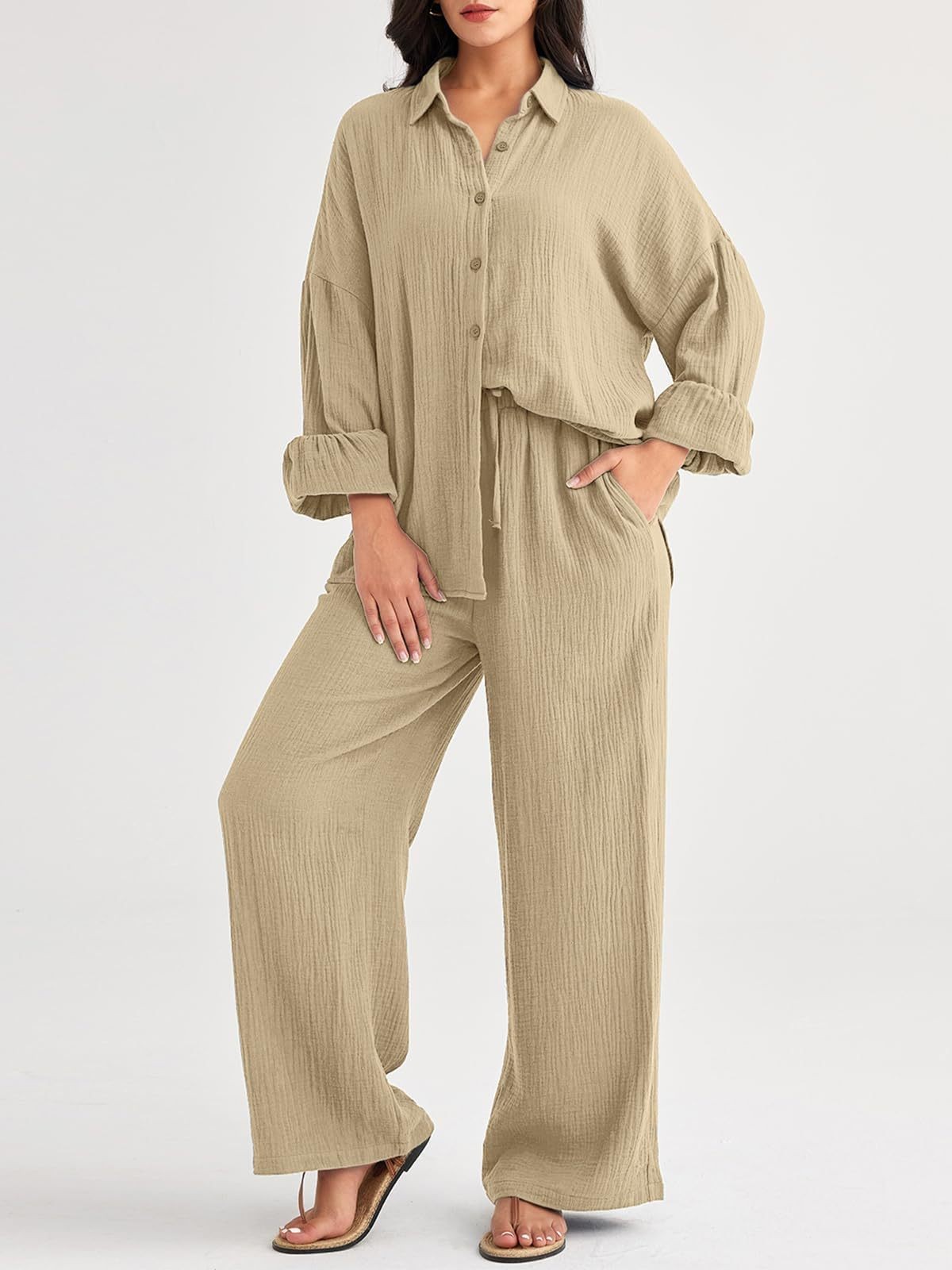 パンツセットアップ しわ加工ゆったりパンツセットアップ