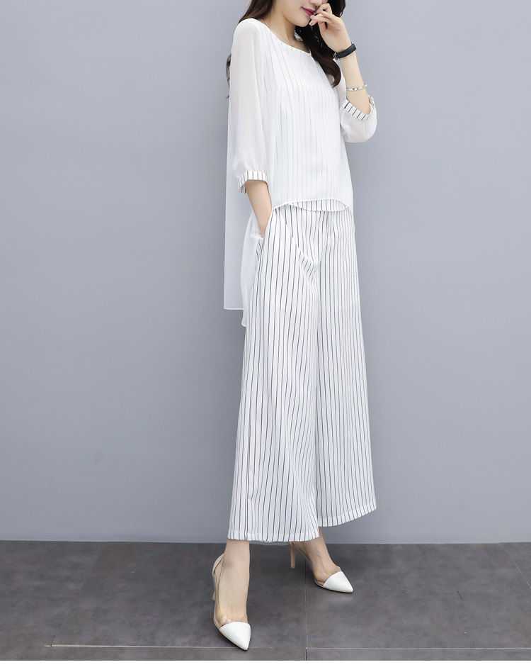 パンツセットアップ シフォン重ね着風ストライプワイドパンツセット
