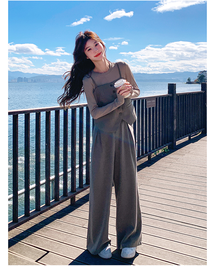 パンツセットアップ 重ね着風キャミソールワイドパンツセット