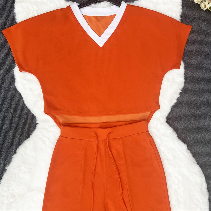 パンツセットアップ 配色切替ブイネック半袖トップスワイドパンツセットアップ