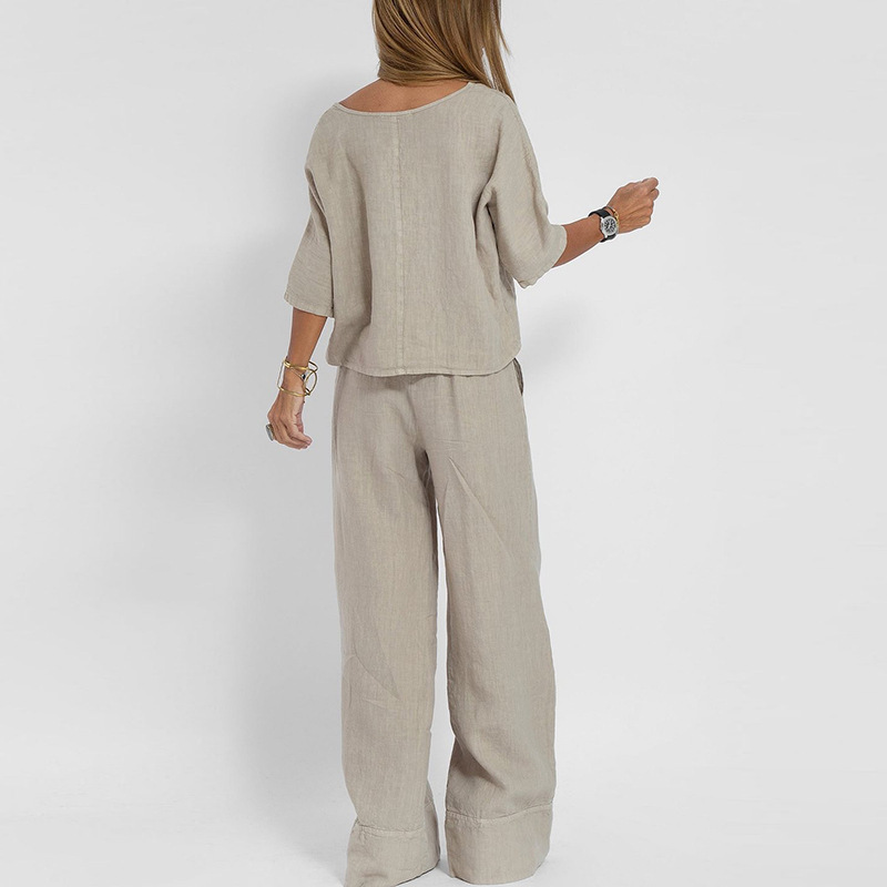 パンツセットアップ ゆったり麻混セットアップ