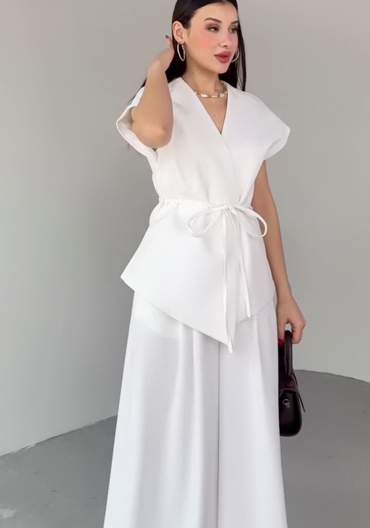 パンツセットアップ 優美リボン結びワイドパンツセット