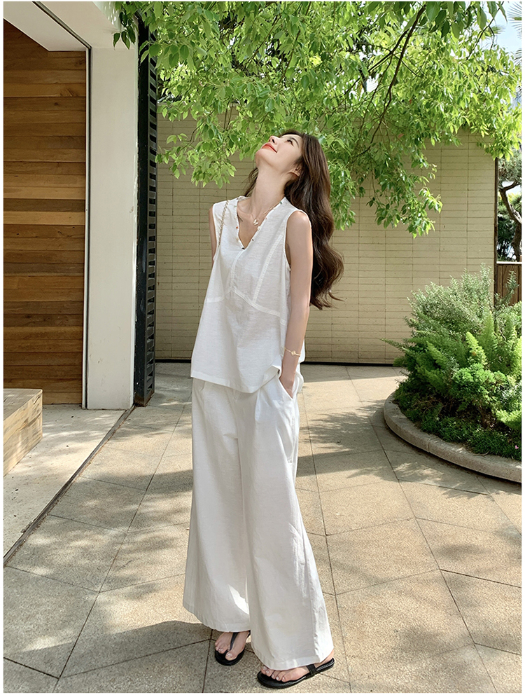 パンツセットアップ 涼感リネン風ワイドパンツセット