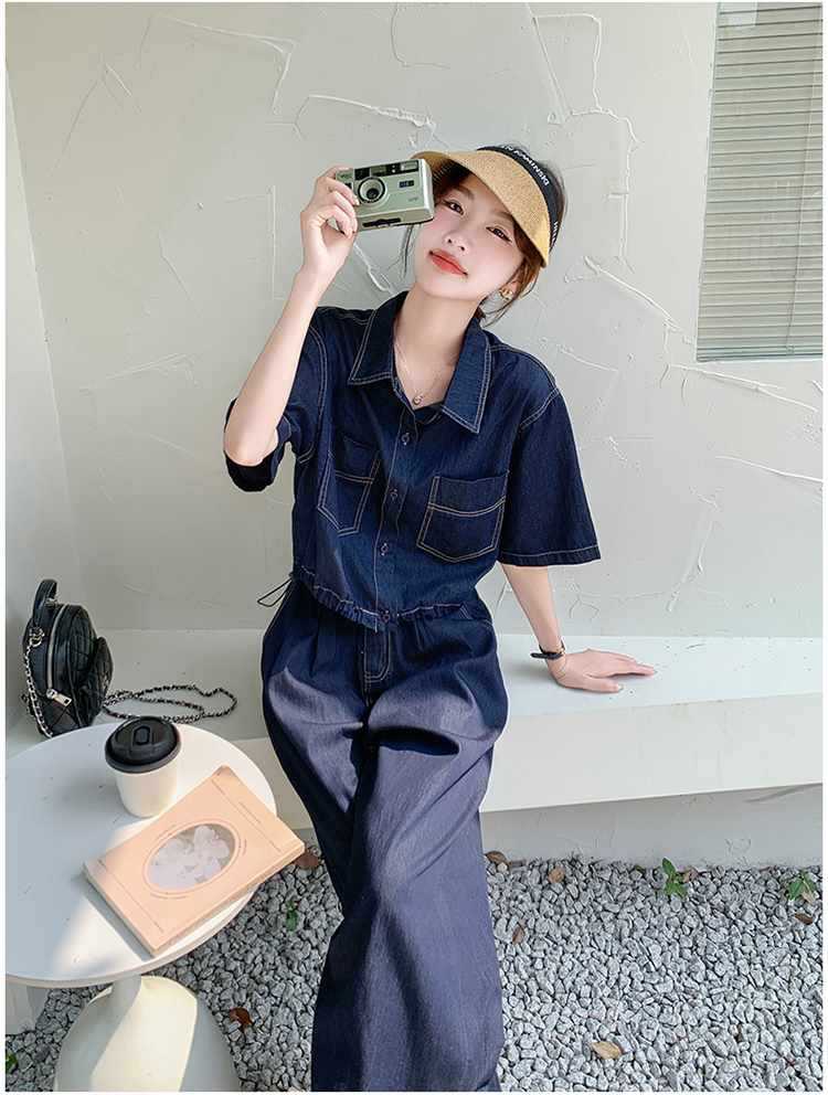 パンツセットアップ 半袖デニムワイドパンツセットアップ