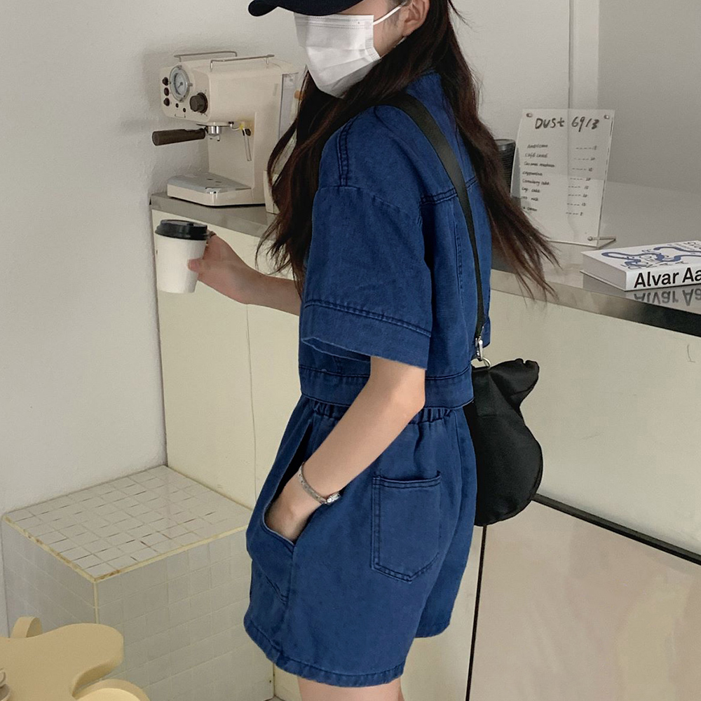 パンツセットアップ デニム半袖ジャケット ワイドショートパンツ 上下セット